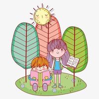 boy sitting reading book and girl holding textbook in park vector