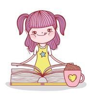 girl with book and chocolate cup cartoon vector