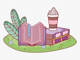 smoothie in stacked books and open book grass foliage vector