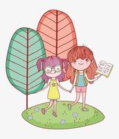 little girls holding hands with book in outdoor vector