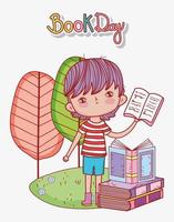 little boy holding open book stacked books in grass vector