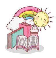 books smoothie rainbow and sun cartoon vector