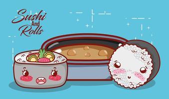 kawaii ramen soup and rice roll food japanese cartoon, sushi and rolls vector