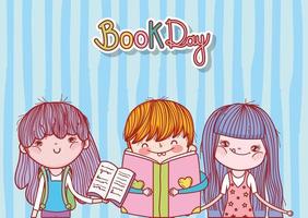 little girls and boy with books cartoon striped background vector