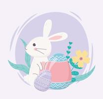 happy easter day, rabbit painted eggs flowers foliage decoration vector