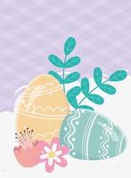 feliz día de pascua, huevos pintados adorno flores follaje decoraiton vector