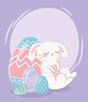 feliz día de pascua, conejo durmiendo con decoración de huevos vector