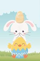 happy easter day, rabbit with egg in head and chicken in eggshell nature vector