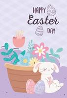 happy easter day, sleeping rabbit eggs basket with flowers decoration vector