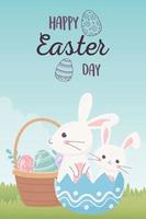 feliz día de pascua, lindos conejitos en cáscara de huevo huevos canasta decoración de hierba vector