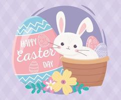 happy easter day, rabbit in basket lettering painted egg flowers decoration vector