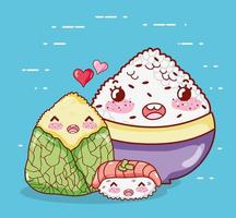 sushi de arroz kawaii y comida envuelta dibujos animados japoneses, sushi y rollos vector