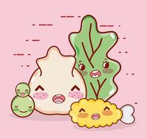 kawaii chicken tempura vegetables and dumpling japanese cartoon, sushi and rolls vector