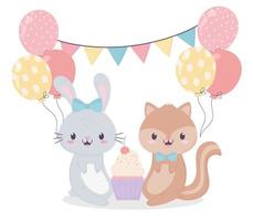 feliz cumpleaños conejo ardilla cupcake globos celebración decoración tarjeta vector