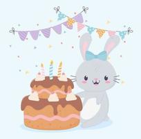 happy birthday cute rabbit cake with candles bunting celebration decoration card vector