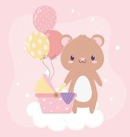 baby shower oso de peluche cochecito globos tarjeta decoración de dibujos animados vector