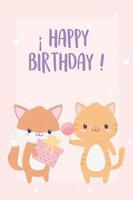 happy birthday fox tiger with gift and celebration decoration card vector