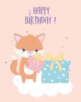 happy birthday fox with gifts celebration decoration card vector