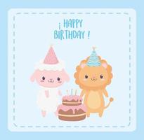 happy birthday sheep lion with party hats and cake celebration decoration card vector