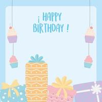 happy birthday gift boxes hanging cupcakes celebration decoration card vector