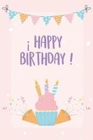 Cupcake de feliz cumpleaños con velas confeti celebración decoración tarjeta vector