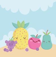 pineapple apple pear and grapes menu character cartoon food cute vector