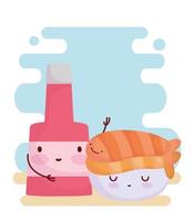 sushi y salsa botella menú personaje dibujos animados comida lindo vector