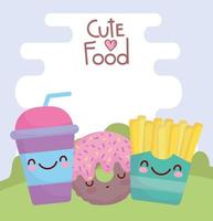 papas fritas donut y taza desechable personaje de menú comida de dibujos animados lindo vector