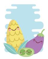 maíz berenjena y guisantes menú personaje dibujos animados comida lindo vector