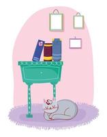 libros de gato en cajón de muebles con decoración de marcos, día del libro vector