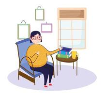 mujer joven, con, anteojos, en, silla, mesa, con, libros, libro, día vector