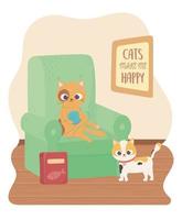 cats make me happy, cute cat playing ball of wool in sofa vector