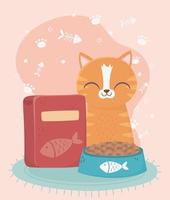 cats make me happy, tabby cat with bowl and box of food vector