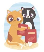 cats make me happy, cute felines with food boxes and fishbone vector