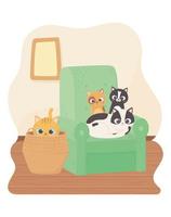 cats make me happy, kittens in sofa and cat in wicker basket vector