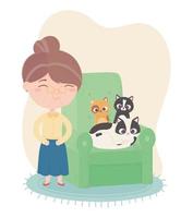 cats make me happy, old woman with kittens in sofa vector