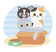los gatos me hacen feliz, varios gatos en caja de cartón con comida vector
