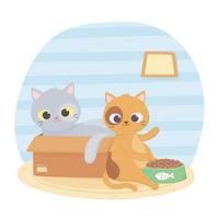 cats make me happy, cat in box and other with food cartoon vector