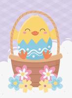 happy easter day, chicken in eggshell basket flowers decoration