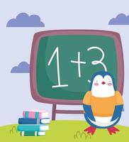 regreso a la escuela, pingüino, pizarra, libros apilados, al aire libre vector