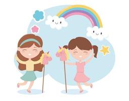 kids zone, cute little girls palying with horses toys rainbow vector