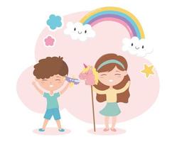 kids zone, cute little boy and girl with plane and horse stick toys vector