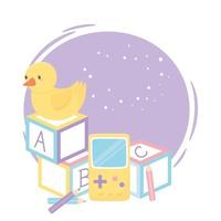 Zona de niños, bloques de letras, videojuegos de pato y juguetes. vector