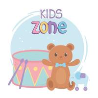 zona infantil, oso de peluche elefante tambor y juguetes. vector