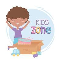 kids zone, cute little boy with car and box with drum blocks toys vector
