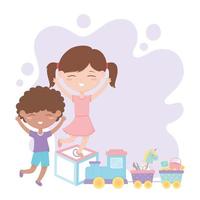 kids zone, cute little boy and girl on block with train toys vector