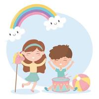 kids zone, cute little boy and girl drum ball and horse toys vector