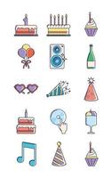 happy birthday, decoration event festive celebration party icon set line and fill style vector