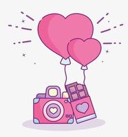 feliz dia de san valentin, camara de fotos barra de chocolate y globos amor vector