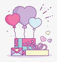 feliz día de san valentín, caja de regalo con globos y sobre carta amor vector